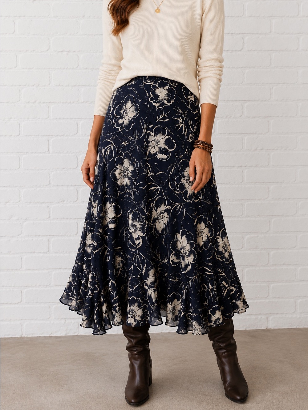 Lauren Ralph Lauren Navy Floral 100% Silk Midi Skirt Lined Petite 12P